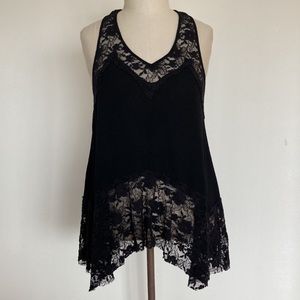 Racer back black lace trimmed trapeze top, marked M but fits S